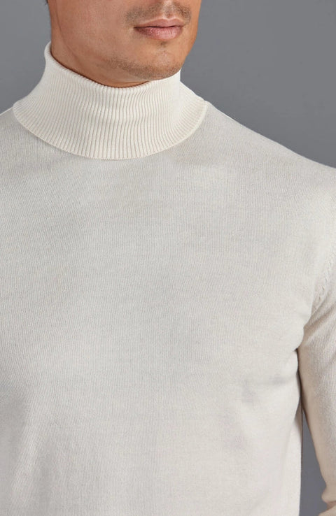 Mens Ultra Fine Cotton Roll Neck Jumper Ecru-Jumper-Paul James Knitwear-XS-Urbanheer