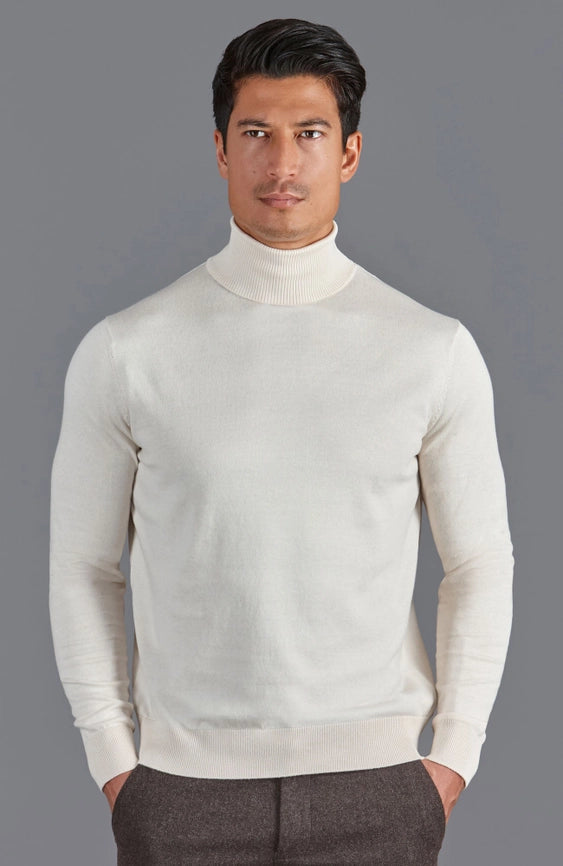 Mens Ultra Fine Cotton Roll Neck Jumper Ecru-Jumper-Paul James Knitwear-XS-Urbanheer