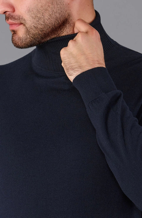 Mens Ultra Fine Cotton Roll Neck Jumper Navy-Jumper-Paul James Knitwear-XS-Urbanheer