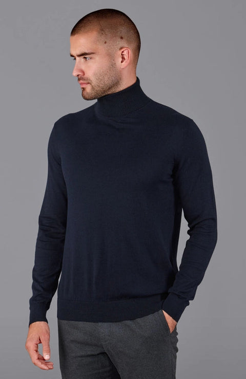 Mens Ultra Fine Cotton Roll Neck Jumper Navy-Jumper-Paul James Knitwear-XS-Urbanheer