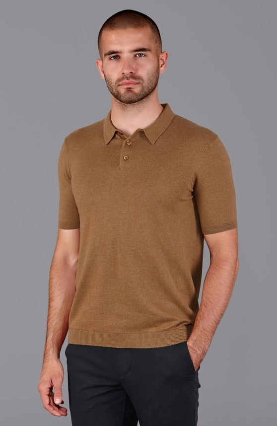 Mens Ultra Fine Cotton Short Sleeve Polo Shirt Camel-Polo Shirt-Paul James Knitwear-S-Urbanheer