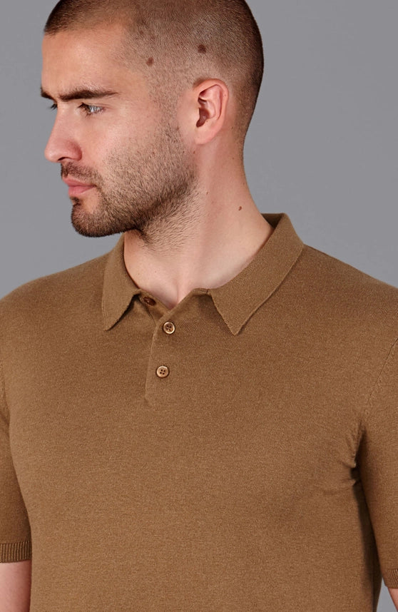 Mens Ultra Fine Cotton Short Sleeve Polo Shirt Camel-Polo Shirt-Paul James Knitwear-S-Urbanheer