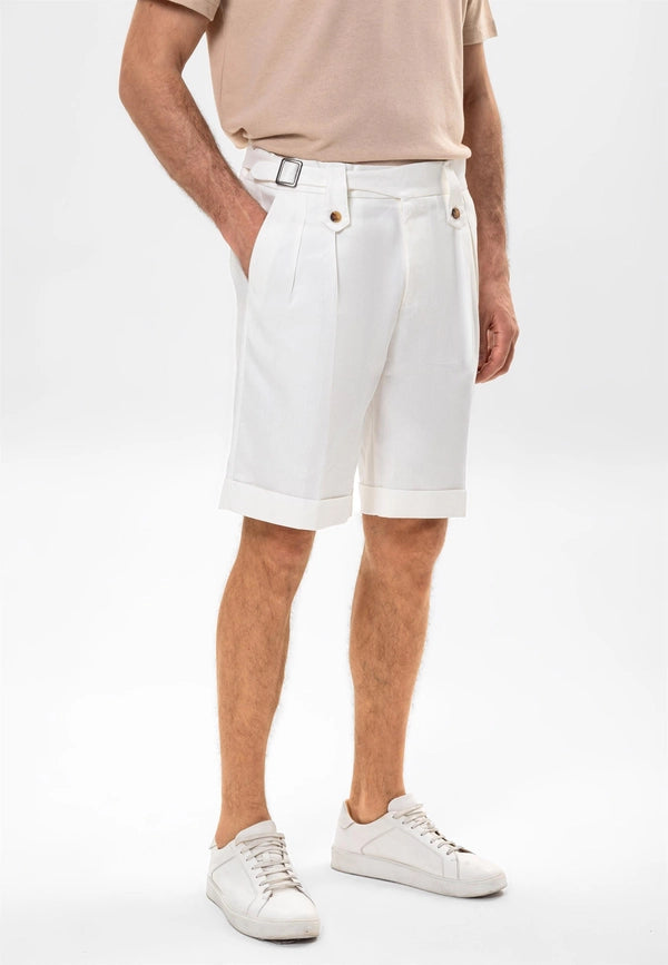 Men's White Buckle Detailed Pleated Shorts-Shorts-Wessi-29-White-Urbanheer