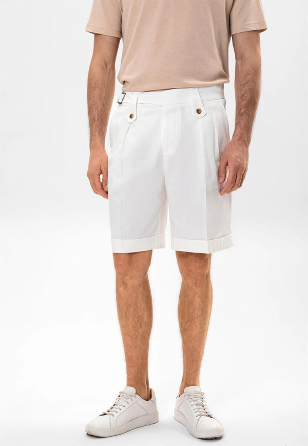 Men's White Buckle Detailed Pleated Shorts-Shorts-Wessi-29-White-Urbanheer