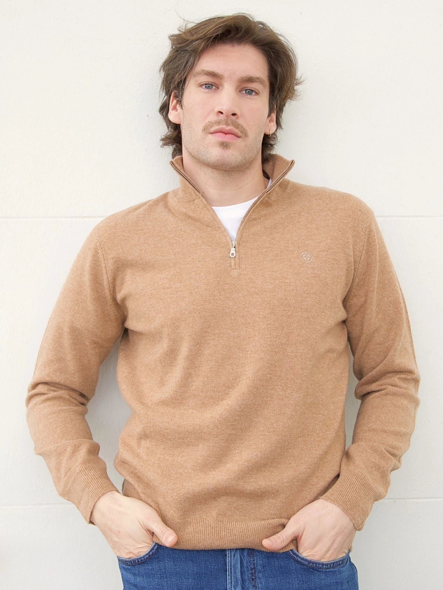 Men’s Zip-Up Cashmere Sweater – Beige
