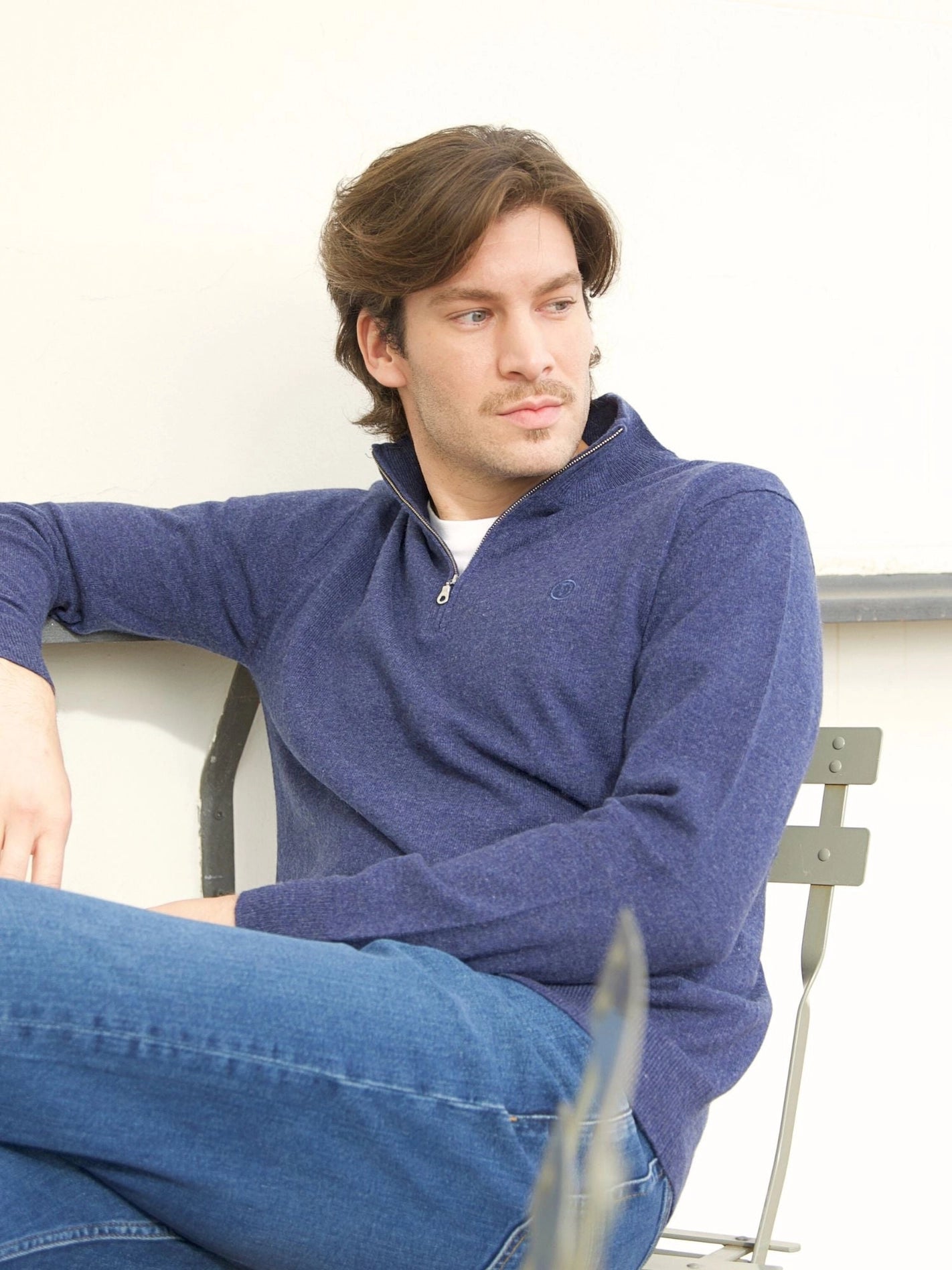 Men’s Zip-Up Cashmere Sweater – Denim Blue