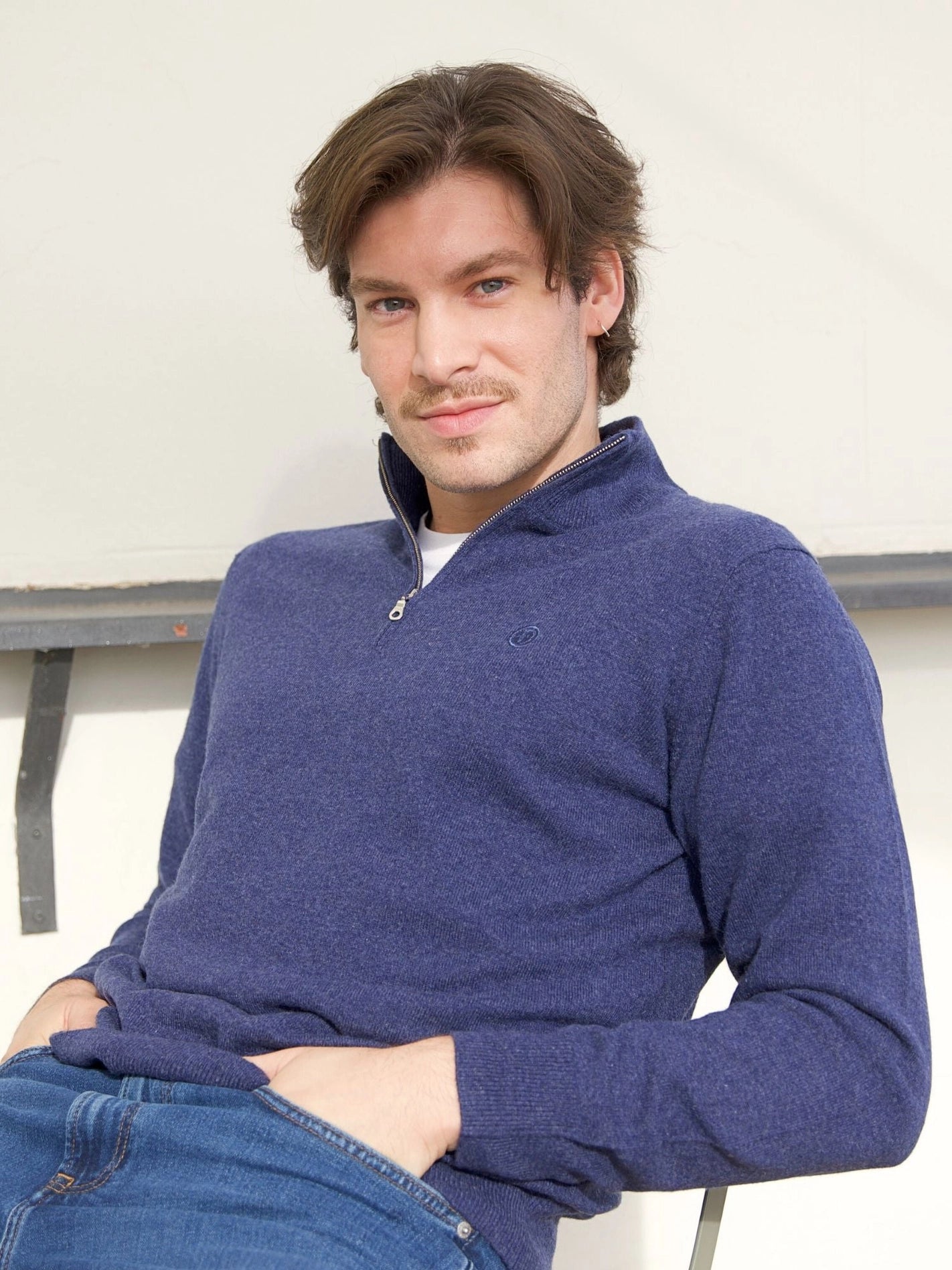 Men’s Zip-Up Cashmere Sweater – Denim Blue