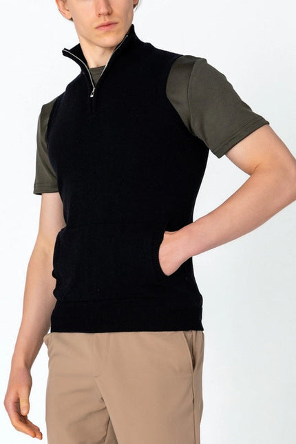 Men'S Zippered Collar Sweater Vest - Black
