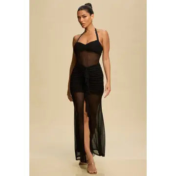 Mesh Ruffle Front Ruched Dress