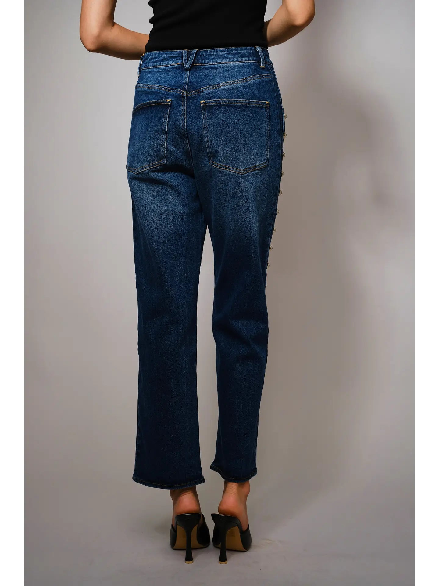 Metal Studded High Rise Straight Fit Denim Jeans