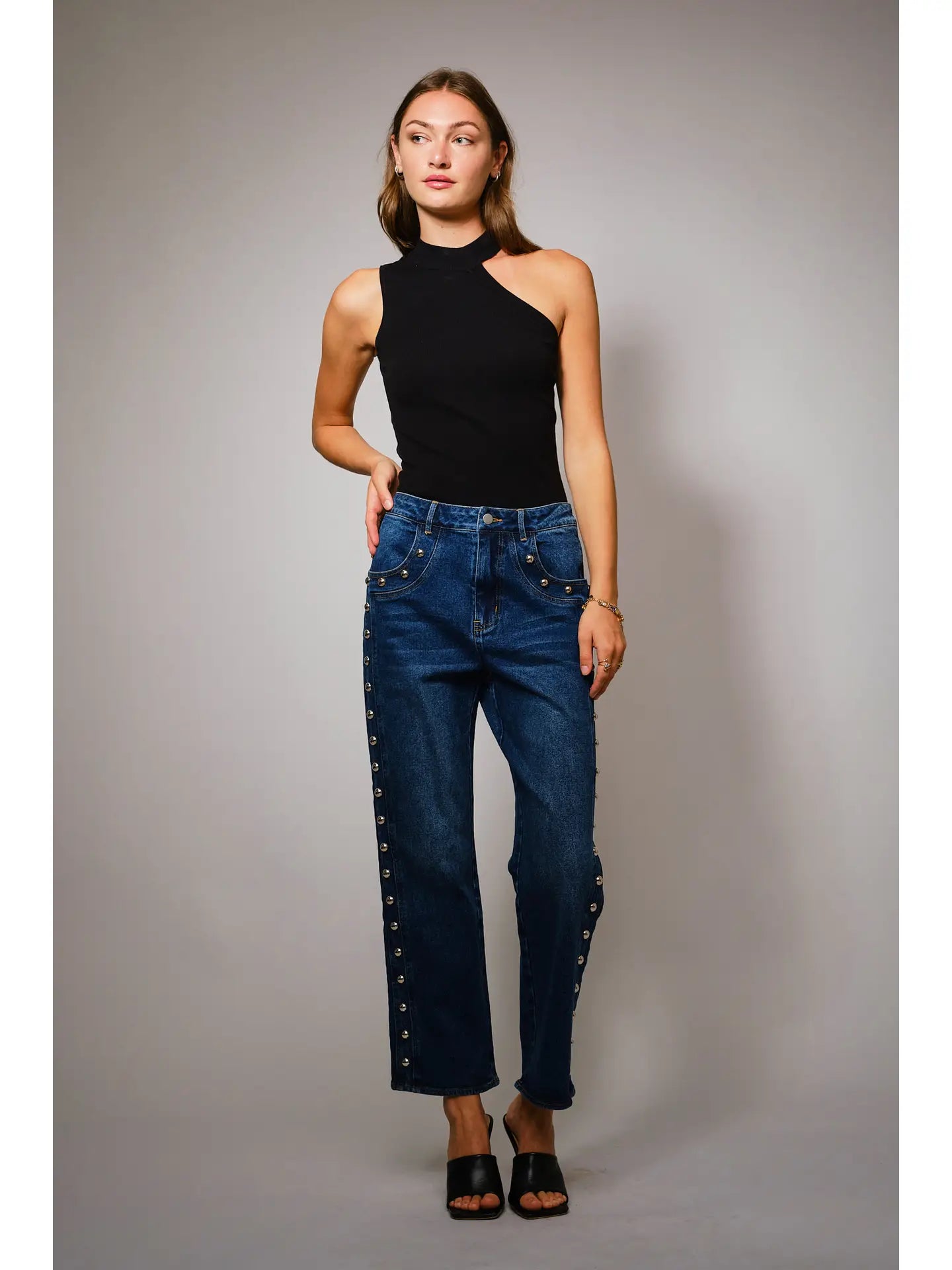 Metal Studded High Rise Straight Fit Denim Jeans