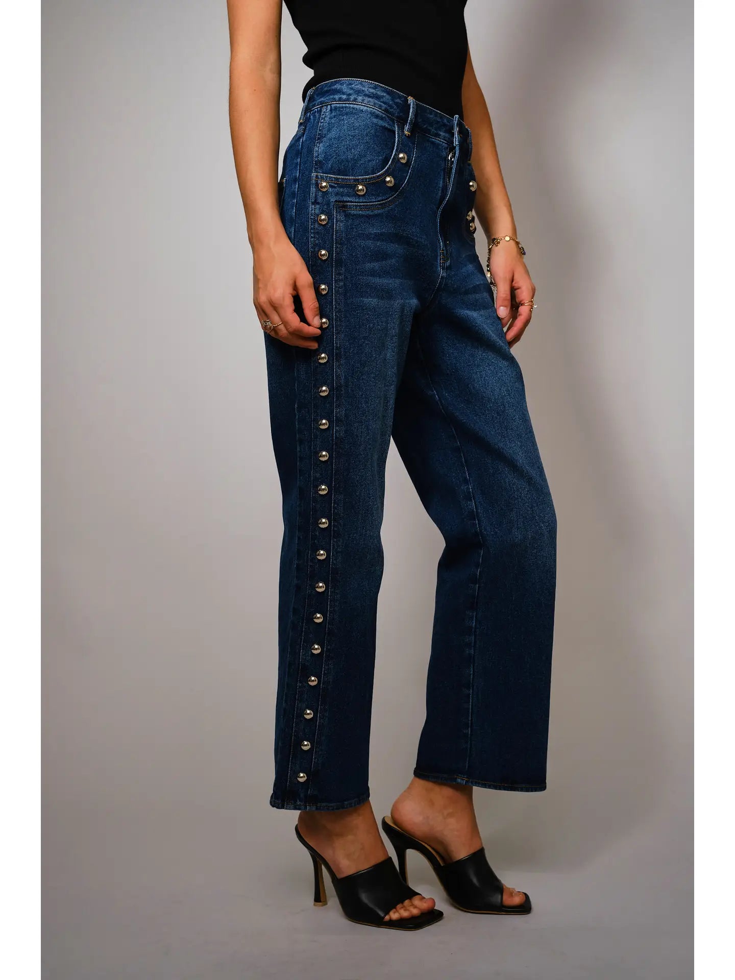 Metal Studded High Rise Straight Fit Denim Jeans