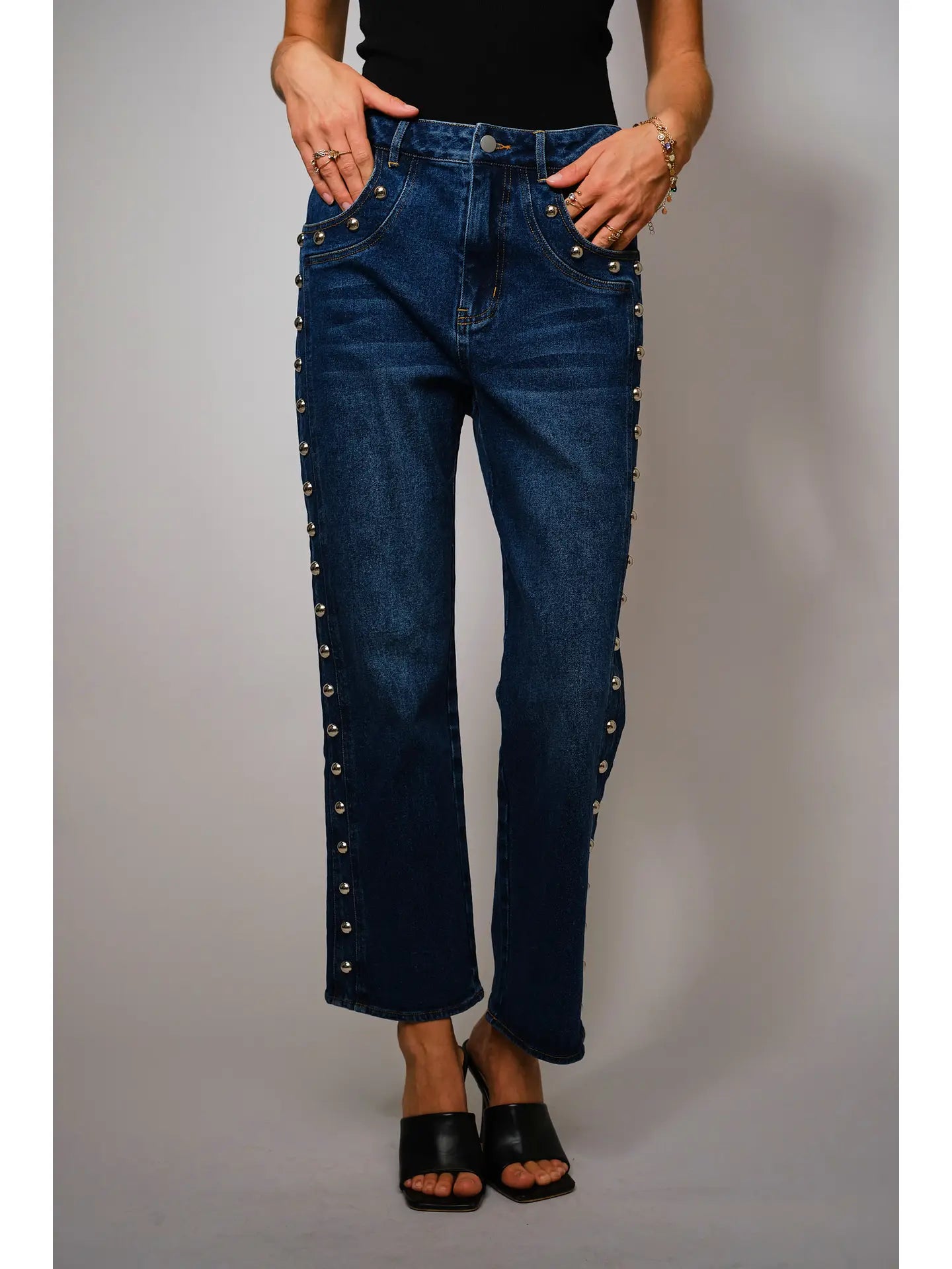 Metal Studded High Rise Straight Fit Denim Jeans