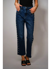 Metal Studded High Rise Straight Fit Denim Jeans