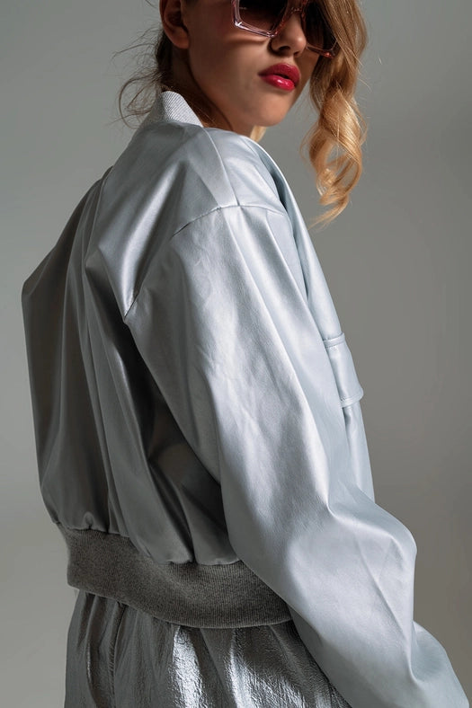 Metallic Bomber Jacket with Front Pockets in Silver-Jacket-Q2-S-Silver-Urbanheer