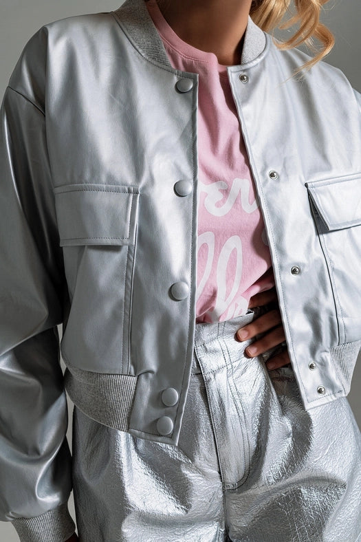 Metallic Bomber Jacket with Front Pockets in Silver-Jacket-Q2-S-Silver-Urbanheer