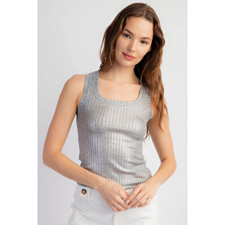 Metallic Coated Ribbed Square Neck Tank Top SILVER/GREY-Tank Top-Edit by Nine-S-Urbanheer