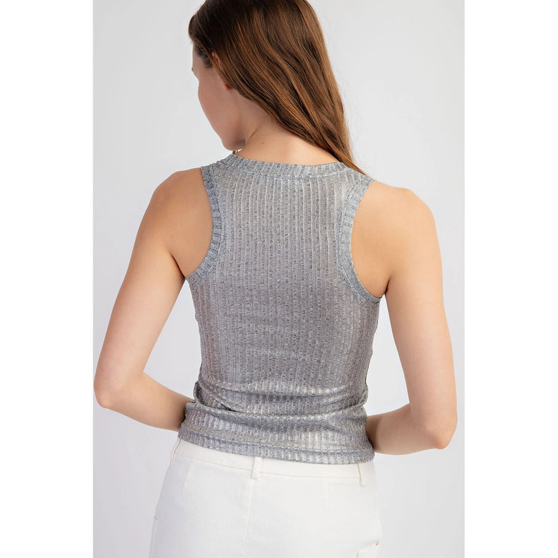 Metallic Coated Ribbed Square Neck Tank Top SILVER/GREY-Tank Top-Edit by Nine-S-Urbanheer