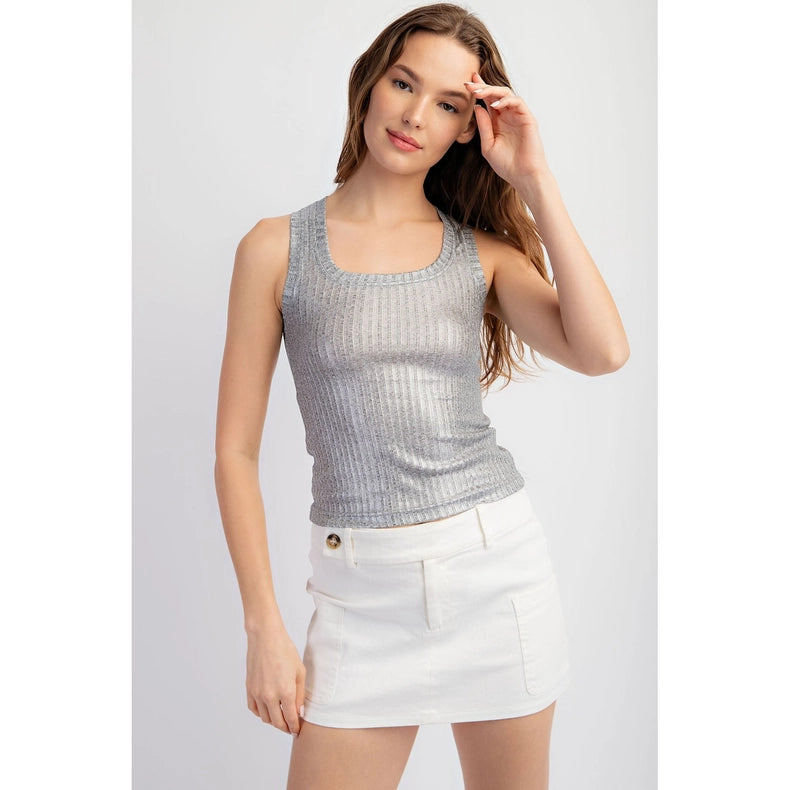 Metallic Coated Ribbed Square Neck Tank Top SILVER/GREY-Tank Top-Edit by Nine-S-Urbanheer