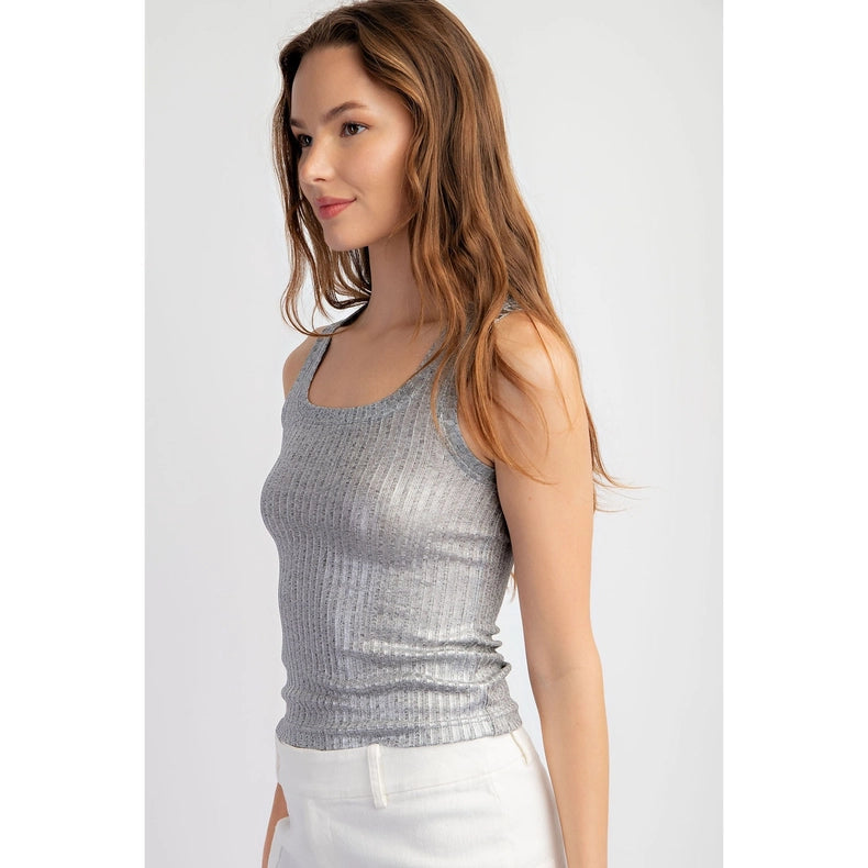 Metallic Coated Ribbed Square Neck Tank Top SILVER/GREY-Tank Top-Edit by Nine-S-Urbanheer