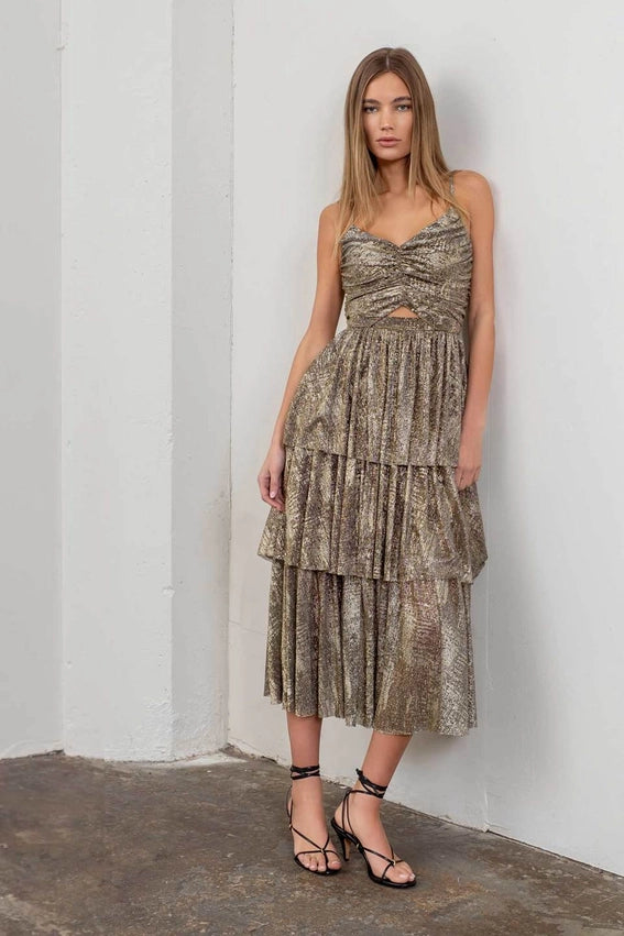 Metallic Cut-Out Tiered Maxi Dress-Dress-Moon River-XS-BLACK GOLD-Urbanheer
