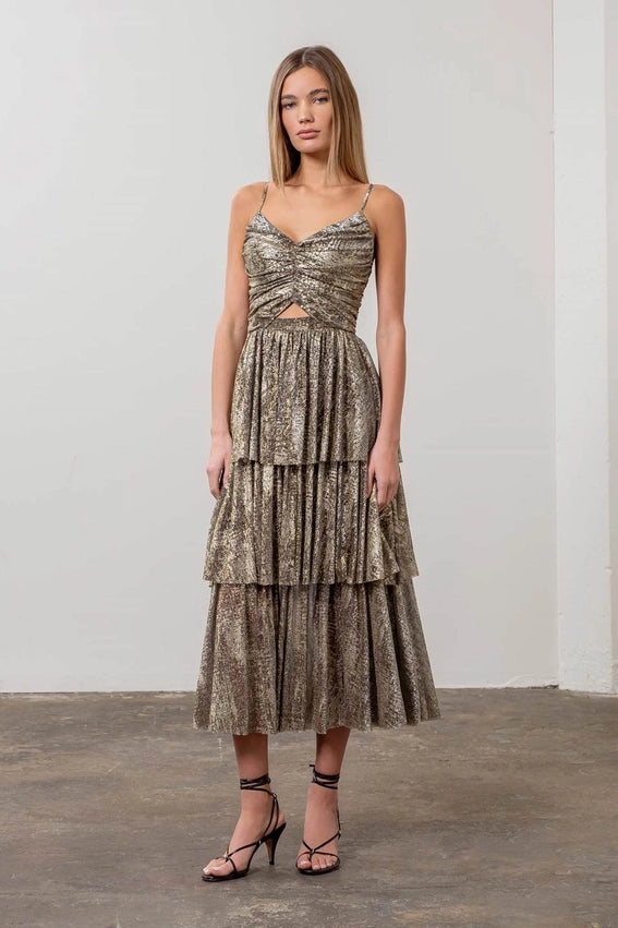 Metallic Cut-Out Tiered Maxi Dress-Dress-Moon River-XS-BLACK GOLD-Urbanheer