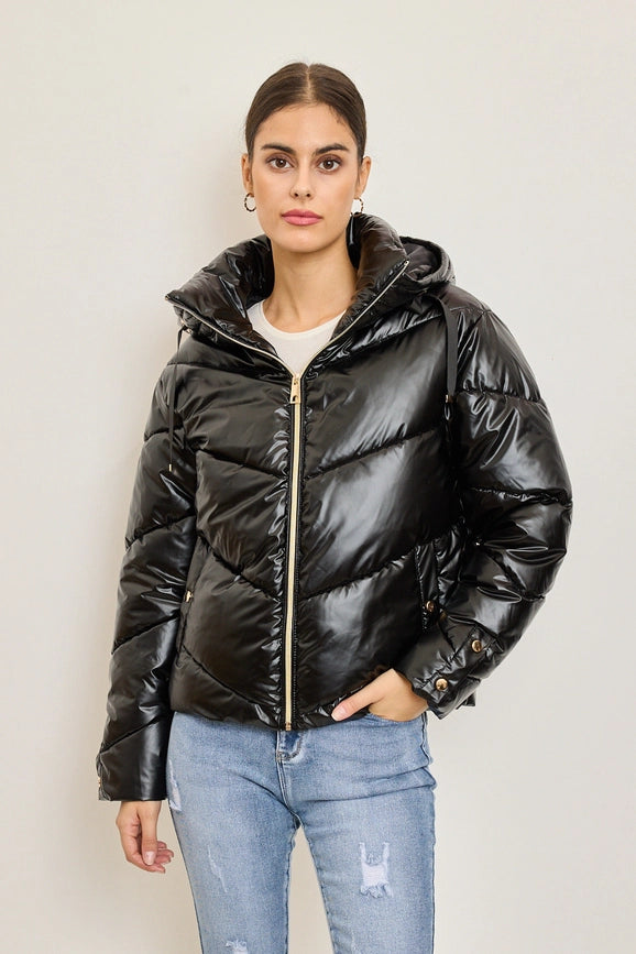 Metallic Down Jacket with Adjustable Hood and Snap Button Pockets Black-Puffer Jackets-Frime-S-Black-Urbanheer