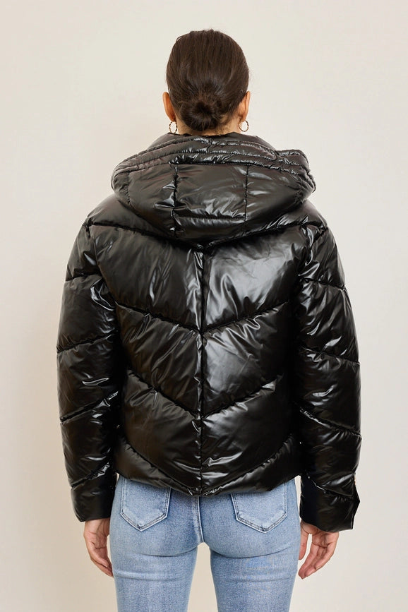 Metallic Down Jacket with Adjustable Hood and Snap Button Pockets Black-Puffer Jackets-Frime-S-Black-Urbanheer