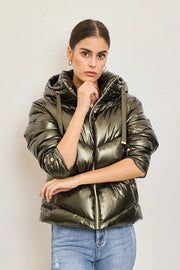 Metallic Down Jacket with Adjustable Hood and Snap Button Pockets Persimmon-Puffer Jackets-Frime-S-persimmon-Urbanheer