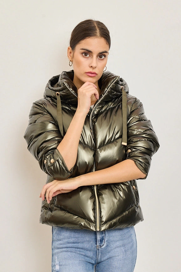Metallic Down Jacket with Adjustable Hood and Snap Button Pockets Persimmon-Puffer Jackets-Frime-S-persimmon-Urbanheer