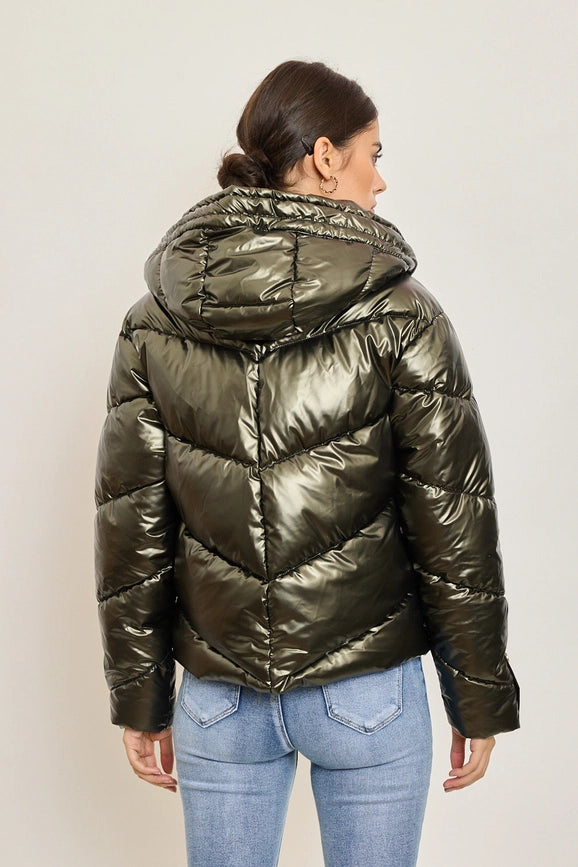 Metallic Down Jacket with Adjustable Hood and Snap Button Pockets Persimmon-Puffer Jackets-Frime-S-persimmon-Urbanheer