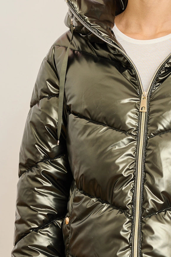 Metallic Down Jacket with Adjustable Hood and Snap Button Pockets Persimmon-Puffer Jackets-Frime-S-persimmon-Urbanheer