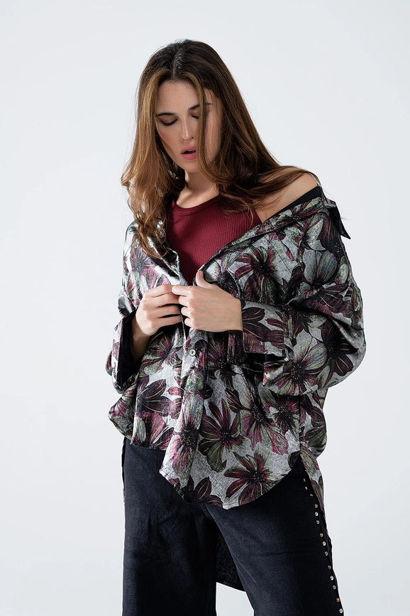 Metallic Effect Flower Print Shirt-Shirt-Q2-S-Black-Urbanheer