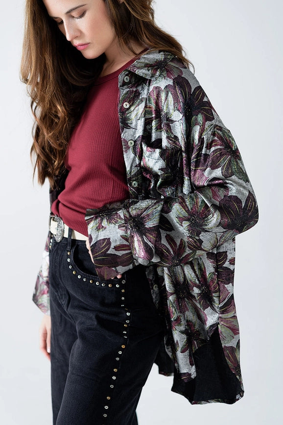 Metallic Effect Flower Print Shirt-Shirt-Q2-S-Black-Urbanheer