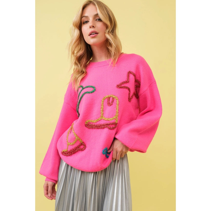 Metallic Embroidery Yarn Star Cowboy Western Sweater HOT PINK-Sweater-Apolline-S-HOT PINK-Urbanheer