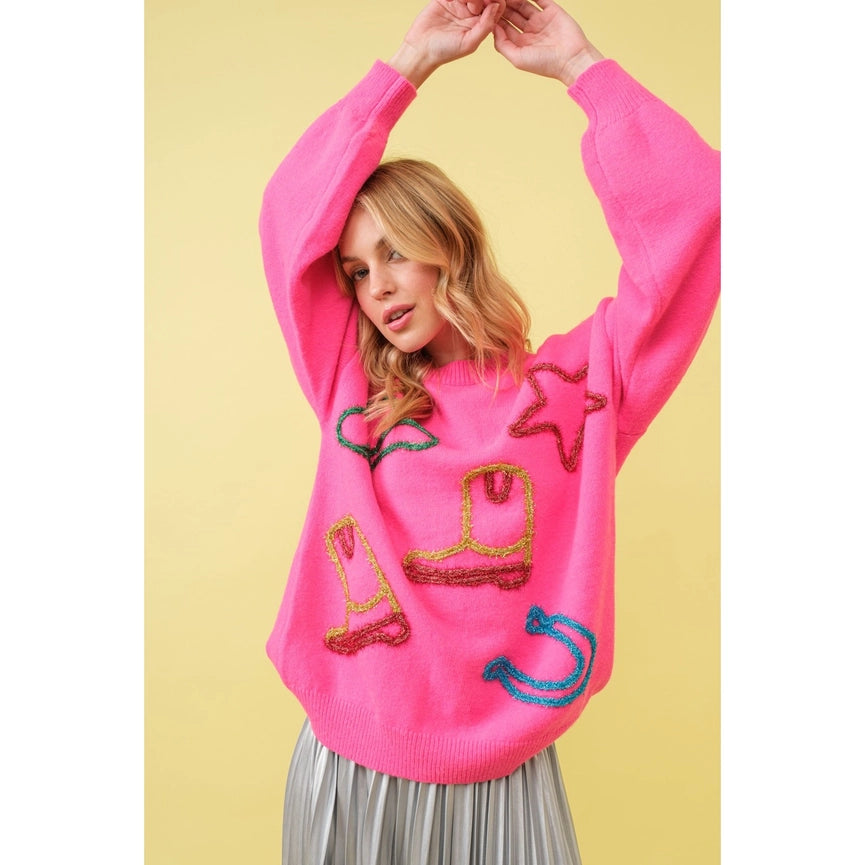 Metallic Embroidery Yarn Star Cowboy Western Sweater HOT PINK-Sweater-Apolline-S-HOT PINK-Urbanheer