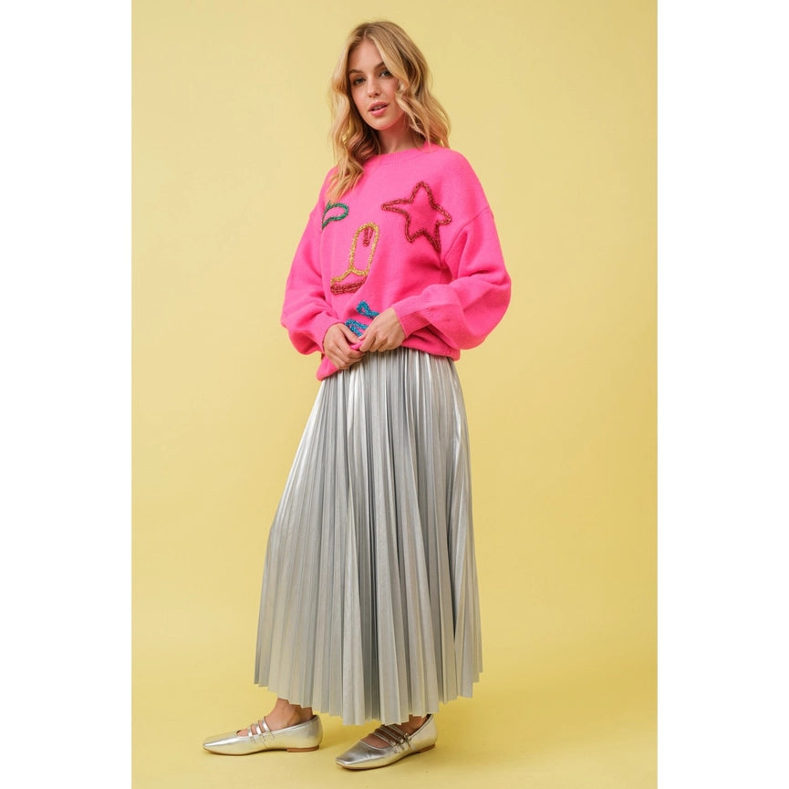 Metallic Embroidery Yarn Star Cowboy Western Sweater HOT PINK-Sweater-Apolline-S-HOT PINK-Urbanheer