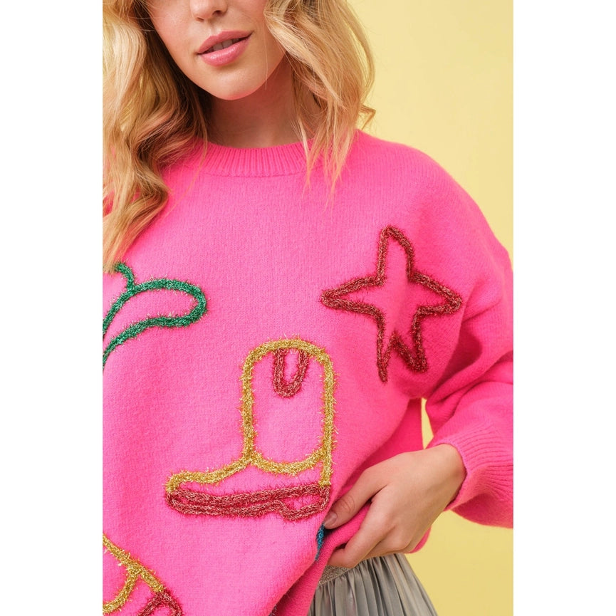 Metallic Embroidery Yarn Star Cowboy Western Sweater HOT PINK-Sweater-Apolline-S-HOT PINK-Urbanheer