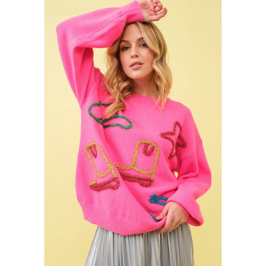 Metallic Embroidery Yarn Star Cowboy Western Sweater HOT PINK-Sweater-Apolline-S-HOT PINK-Urbanheer