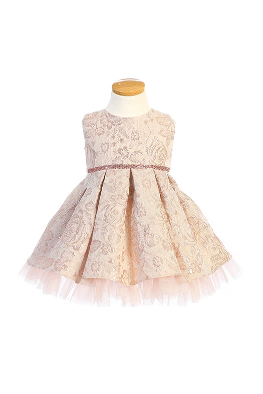Metallic Floral Pleated Jacquard w/ Peek A Boo Tulle-Dress-Sweet Kids, Inc.-2-Blush-Urbanheer