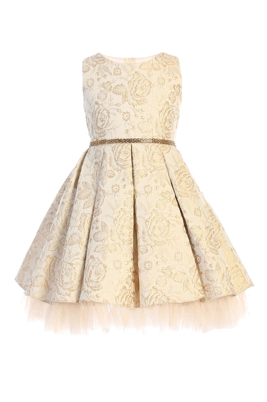 Metallic Floral Pleated Jacquard w/ Peek A Boo Tulle-Dress-Sweet Kids, Inc.-2-Champagne-Urbanheer