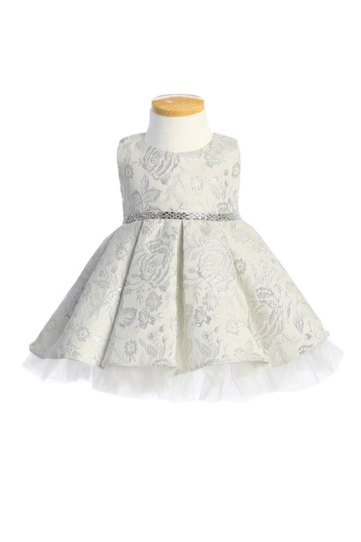 Metallic Floral Pleated Jacquard w/ Peek A Boo Tulle-Dress-Sweet Kids, Inc.-2-Silver-Urbanheer