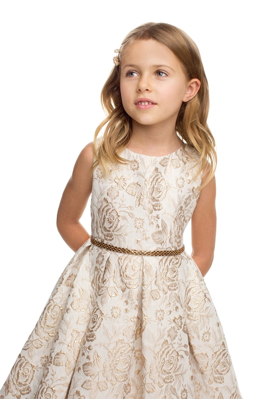 Metallic Floral Pleated Jacquard w/ Peek A Boo Tulle-Dress-Sweet Kids, Inc.-2-Champagne-Urbanheer