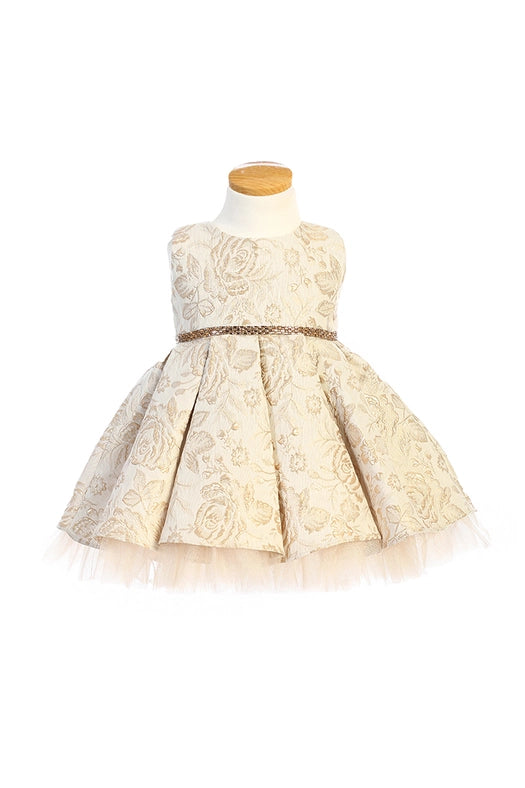 Metallic Floral Pleated Jacquard w/ Peek A Boo Tulle-Dress-Sweet Kids, Inc.-2-Champagne-Urbanheer