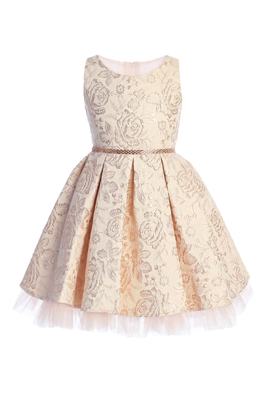 Metallic Floral Pleated Jacquard w/ Peek A Boo Tulle-Dress-Sweet Kids, Inc.-2-Champagne-Urbanheer