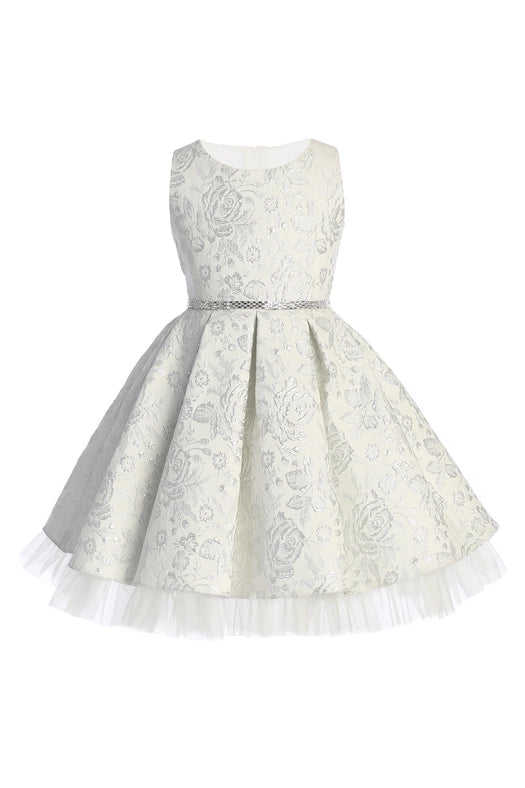 Metallic Floral Pleated Jacquard w/ Peek A Boo Tulle-Dress-Sweet Kids, Inc.-2-Champagne-Urbanheer