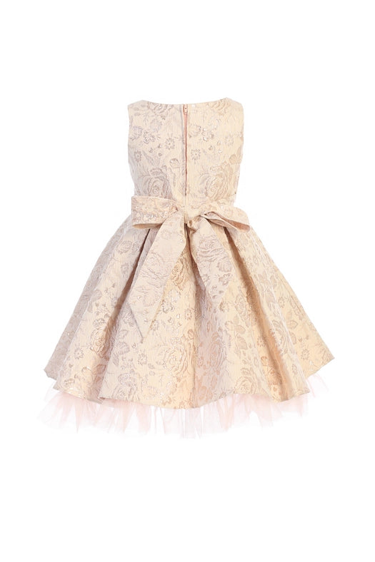 Metallic Floral Pleated Jacquard w/ Peek A Boo Tulle-Dress-Sweet Kids, Inc.-2-Champagne-Urbanheer