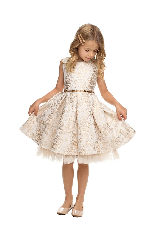Metallic Floral Pleated Jacquard w/ Peek A Boo Tulle-Dress-Sweet Kids, Inc.-2-Champagne-Urbanheer