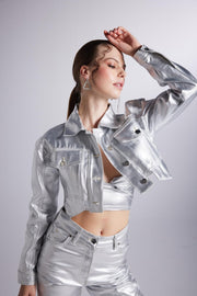 Metallic Grey Glossy Millen Cropped Jacket-Jackets & Blazers-Buy Me Fur Ltd-Gray-XS-Cotton-Urbanheer