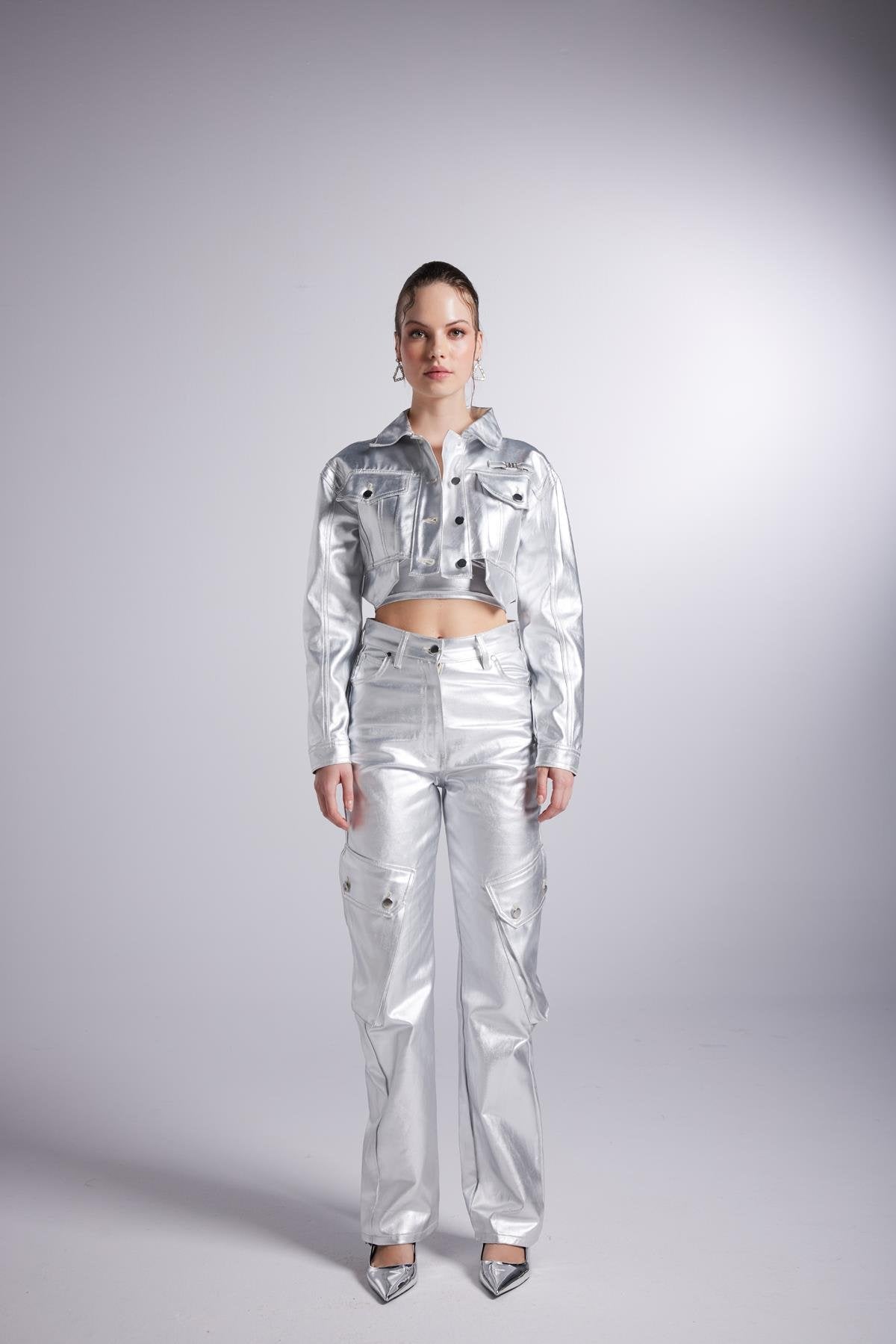 Metallic Grey Glossy Millen Cropped Jacket-Jackets & Blazers-Buy Me Fur Ltd-Gray-XS-Cotton-Urbanheer